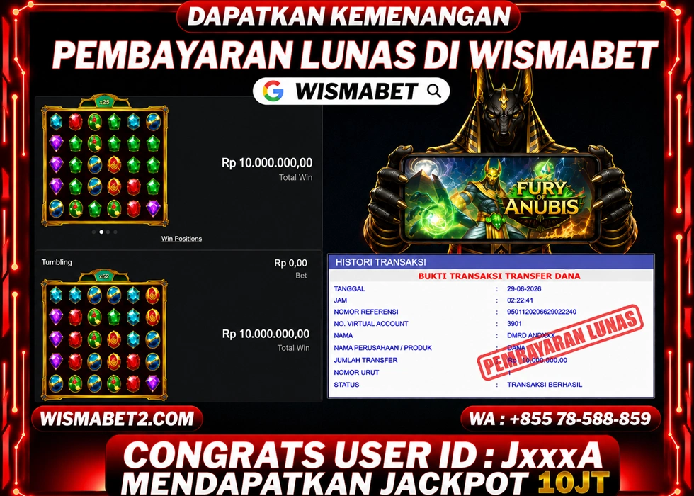 WISMABET - BUKTI KEMENANGAN JACKPOT Fury of Anubis Rp10,000,000,- LUNAS